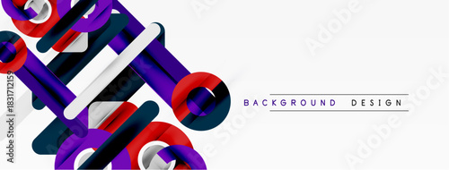 Abstract geometric shapes overlap, creating dynamic visual effect. White background emphasizes vibrant purple, red, silver elements. Modern design.