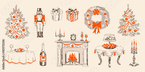 Festive christmas and new year s holiday illustration with trees gifts and fireplace