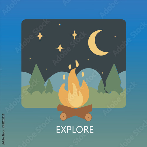 PrintFlat Design Illustration of a Campfire at Night with Stars, Moon, and Forest