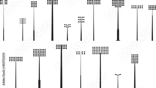 Collection of various floodlight towers and stadium lights in silhouette sports