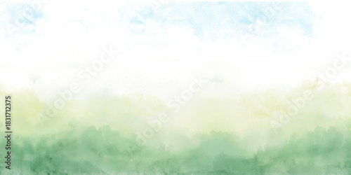 A summer or spring rural landscape with hills under blue sky and clouds. Digital watercolor illustration. Seamless background border, view of foliage and greenery on slope stretching into the horizon.