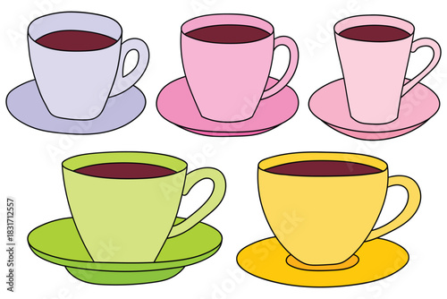 Hand-drawn cartoon set of colored cups of coffee on a white background.