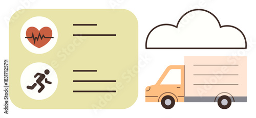 Heartbeat and activity icons paired with a delivery truck and cloud, representing data tracking, delivery, and cloud usage. Ideal for healthcare, logistics, technology, fitness, monitoring analysis