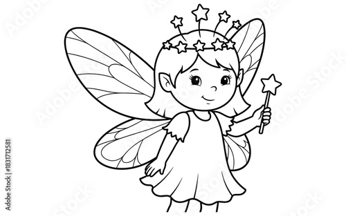 Cute fairy with wand and star crown in black and white outline drawing for coloring books