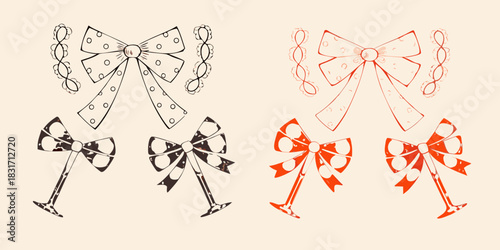 Hand drawn bows and ribbons in black and red for decoration