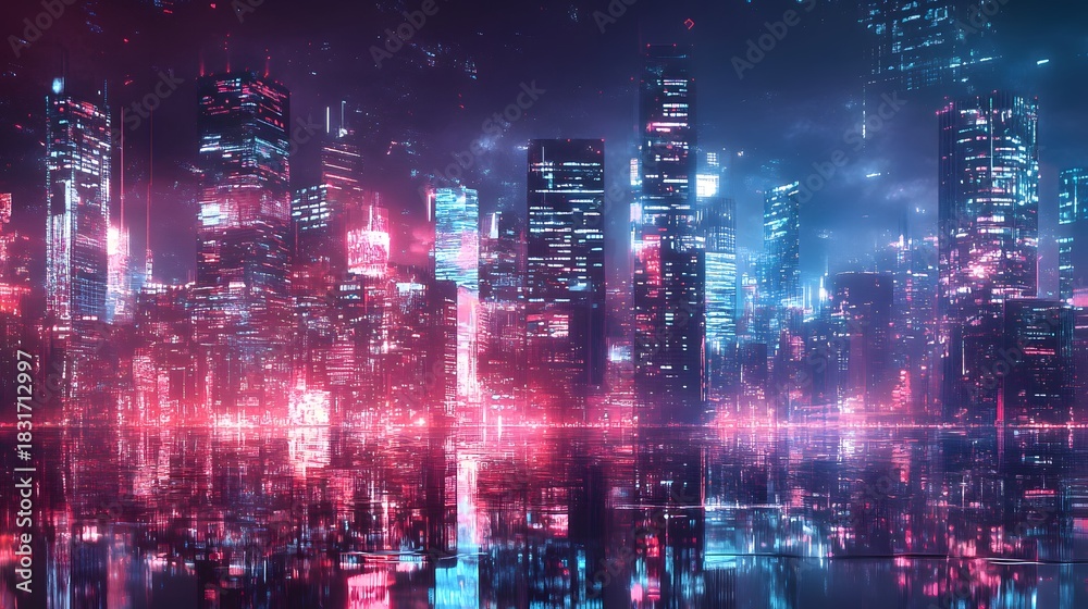 Fototapeta premium A futuristic neon city skyline reflected on water, glowing with blue and pink lights under a dramatic night sky.