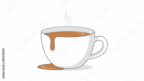 A white ceramic cup with hot brown coffee spilling over the edge and pooling on a white surface.