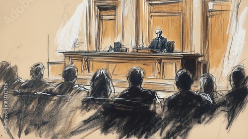 Courtroom sketch of proceedings with a judge overseeing, as seen from behind the audience members.