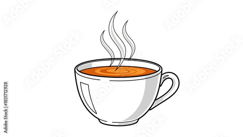 A white ceramic cup filled with hot tea or coffee, with steam rising from the warm beverage, depicted in a simple illustration.