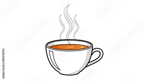 A simple illustration of a white teacup or coffee mug with hot steaming beverage inside, isolated on a white background.