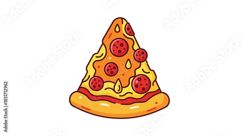 A vibrant cartoon illustration of a single slice of pepperoni pizza with melted cheese and a golden crust on a plain white background.