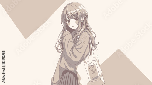 Aesthetic Anime Girl With Bag In Sepia Tones Illustration