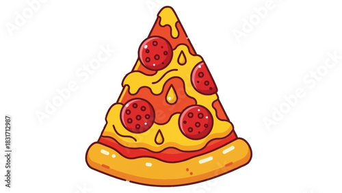 A cartoon illustration of a delicious slice of pepperoni pizza with melted cheese and a golden crust.