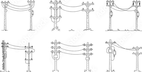 Hand-drawn black and white illustrations of utility poles with wires and insulators Keywords: utility pole, power line