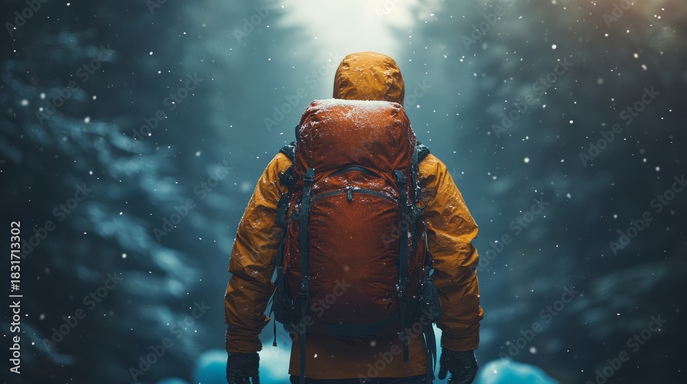 Fototapeta premium A lone hiker walks through a snowy forest, immersed in a mystical atmosphere with dancing snowflakes
