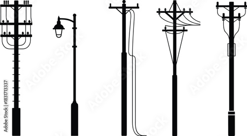 Set of black and white silhouettes of utility poles and a street lamp on white background power pole