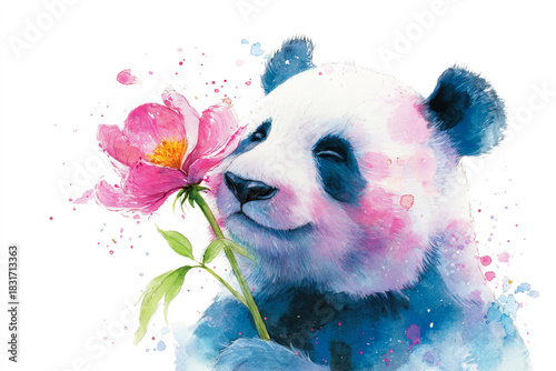Watercolour painting of happy panda face with red flower over white background, Illustration animal poster