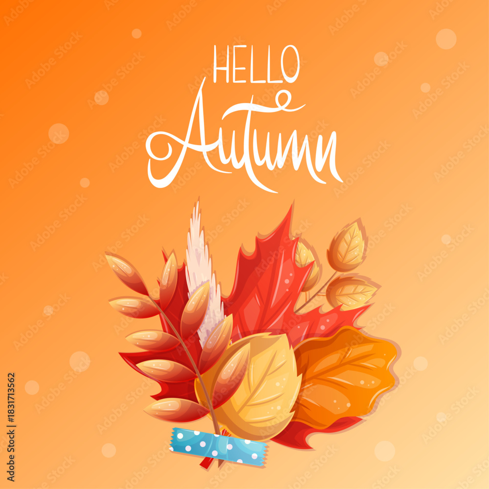 Obraz premium A square autumn postcard with a bouquet of leaves. Maple, oak, mountain ash. Vector illustration for seasonal design of banners, posters, promotions, advertisements.