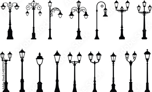 Set of sixteen diverse vintage street lamp silhouettes in two rows lamp post antique