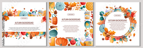 A set of backgrounds with autumn elements. A postcard with pumpkins, autumn drinks and food, leaves for parties, holidays, advertising, promotions. Vector illustration