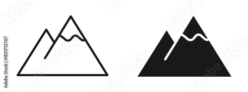 Mountain icon set in outline and silhouette style, symbolizing adventure, exploration, and outdoor landscapes, vector illustration.