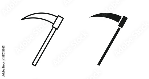 Pickaxe tool icon set in outline and silhouette style, symbolizing mining, construction, and craftsmanship, vector illustration.