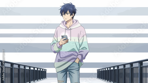 Anime Style Male Character With Mobile Phone on Bridge Illustration