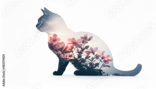 Silhouette of a cat with a double exposure effect of pink flowers and a cloudy sky