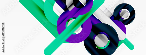 Abstract shapes intersect, creating dynamic composition. Vivid colorsteal, purple, whiteoffer modern aesthetic. Smooth surfaces suggest digital rendering.