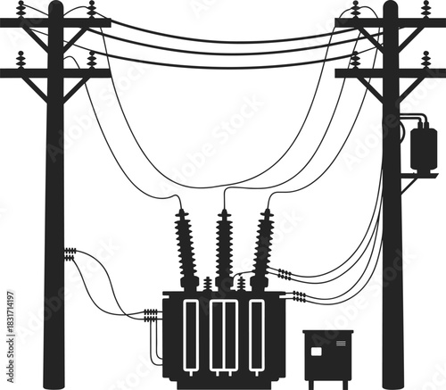 Silhouette of electrical transformer and utility poles with wires and insulators Keywords: electrical transformer, utility pole