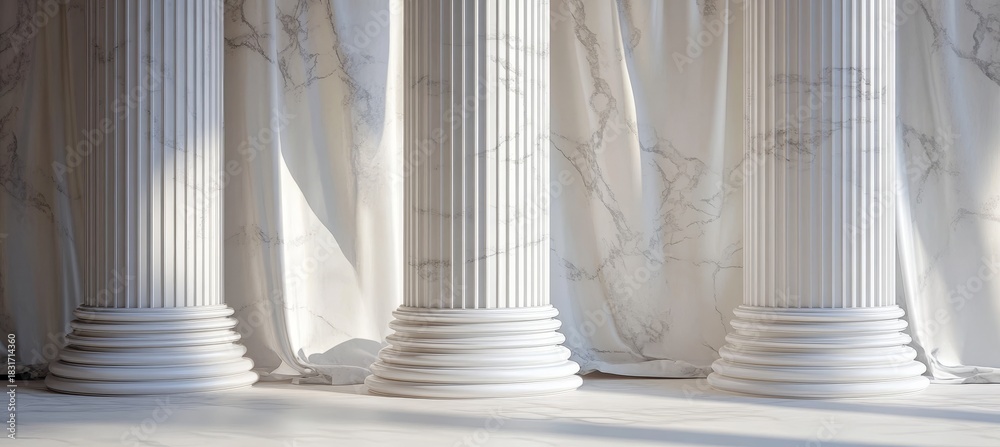 Obraz premium Elegant Classic Architecture with White Marble Roman Columns and Light Beige Drapery in Studio Light