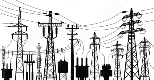 Silhouette of electrical transmission towers and power lines against white electricity distribution