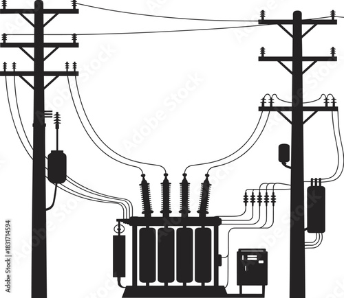 Silhouettes of electrical transformer and utility poles with wires and insulators electricity power