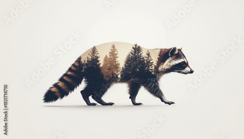double exposure effect silhouette of a raccoon with a dense forest inside its body