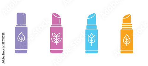 Organic lip balm in a colored glyph icon.  This is an organic cosmetic featuring aloe vera extract.  It's a lip care product enriched with medicinal herbs.  A plant-based cosmetic item. 