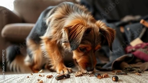 Canine culprit caught red-pawed, a guilty glimmer in his eye as he surveys the devastation he's wrought - a mangled couch, all victims of his rambunctious rampage. video