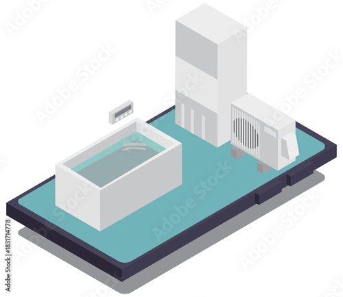 アイソメトリックなスマートフォンの中にあるお風呂と給湯器のイメージ素材