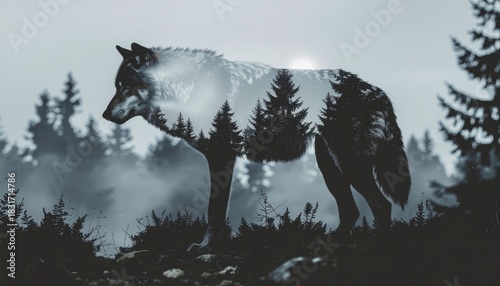 double exposure effect wolf silhouette superimposed with dense pine forest and hazy sunlight
