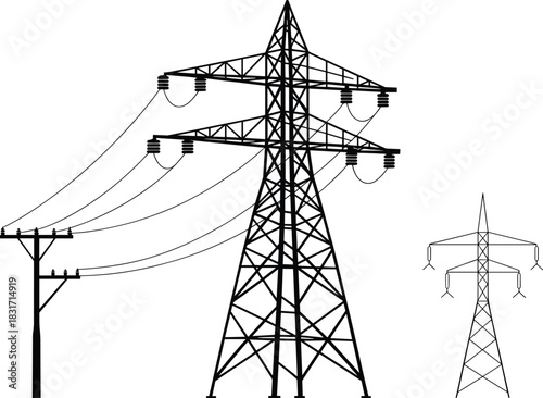 Silhouettes of two large electrical transmission towers and one smaller utility pole with wires electricity