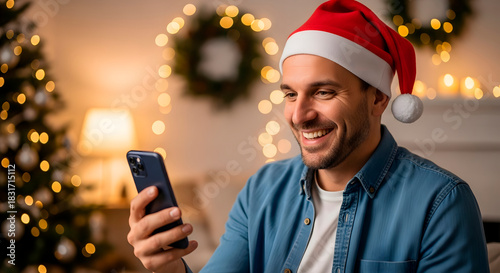 Happy man in Santa hat looking at a mobile phone in a cozy living room decorated for Christmas holiday. Evening at home.