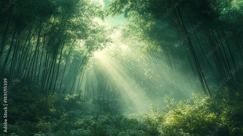 Fototapeta premium Ethereal Morning Light Streaming Through Bamboo Forest Mist