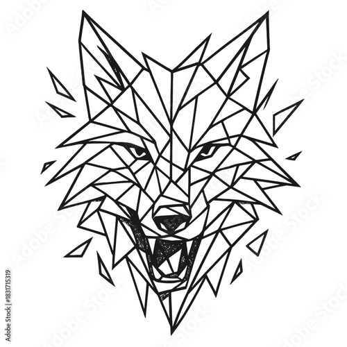 Geometric wolf illustration with sharp angular design in black outline.
