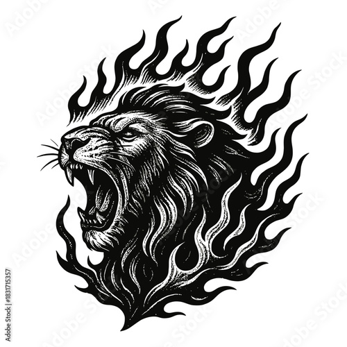 Fierce roaring lion with fiery mane in black and white illustration.