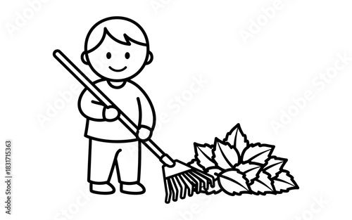 Cute outline drawing of child raking leaves in autumn