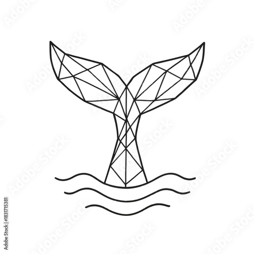 Geometric whale tail design with waves on white background.