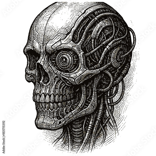 Futuristic cyborg skull with mechanical details in intricate black and white design.
