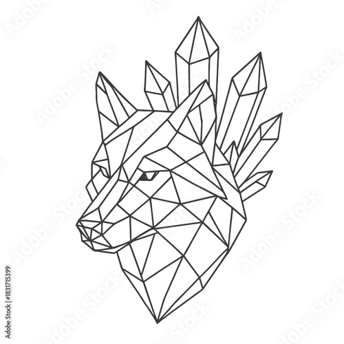 Geometric wolf with crystal accents line art design.