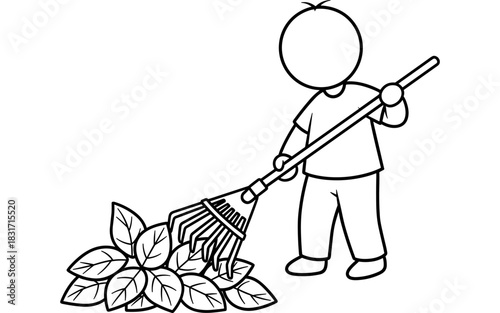 Minimalist stick figure raking leaves in autumn scene