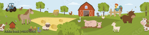 seamless vector illustration of farm life. Charming farm animals enjoy a sunny day on this picturesque farm. This vector illustration features cows, pigs, chickens, and more, offering a lively rural s