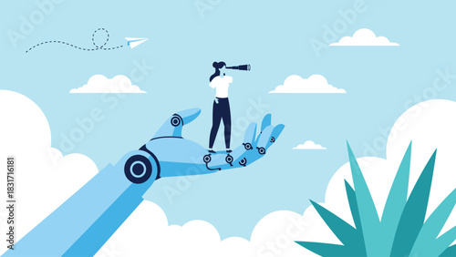 Woman standing on robotic hand looking through telescope, symbolizing AI support, business vision, future opportunities, and technological progress search.